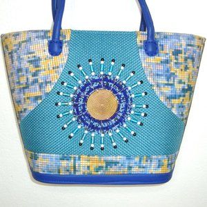 Turquoise Woven Beaded Embellished Tote Bag